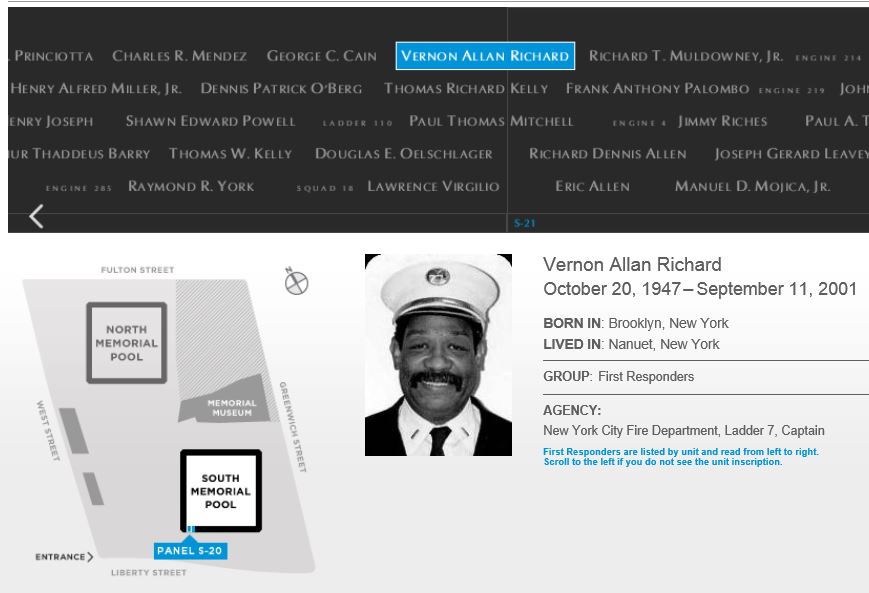 FDNY Captain Vernon Richards’ portrait and profile are seen on the Museum’s Memorial Guide.