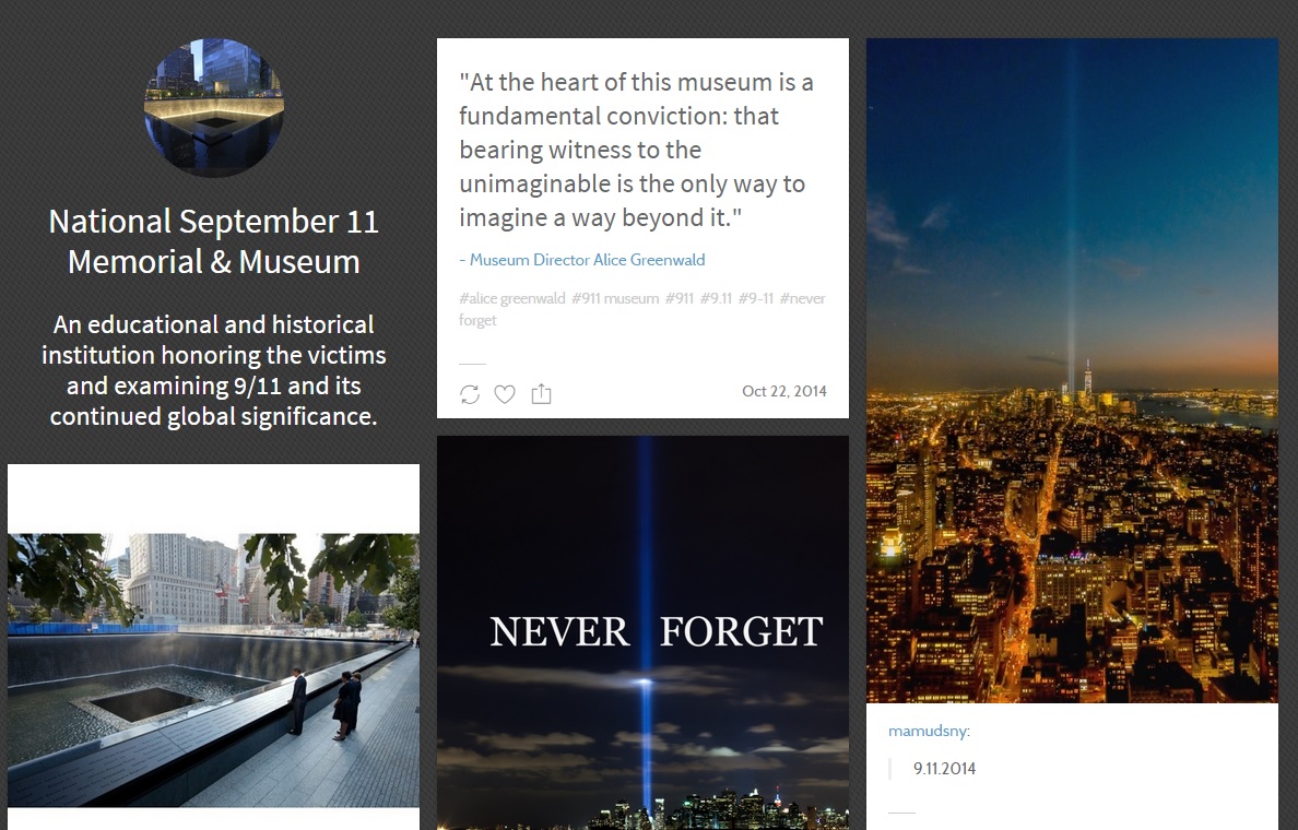 A screenshot of the 9/11 Memorial & Museum’s account on the social media site Tumblr includes images of Memorial plaza and the Tribute in Light.