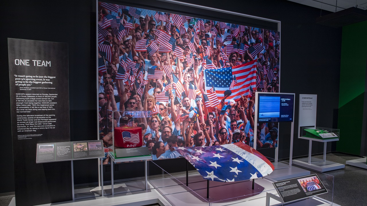 An American flag and other memorabilia is on display as part of the sports-themed exhibition "Comeback Season: Sports After 9/11." 