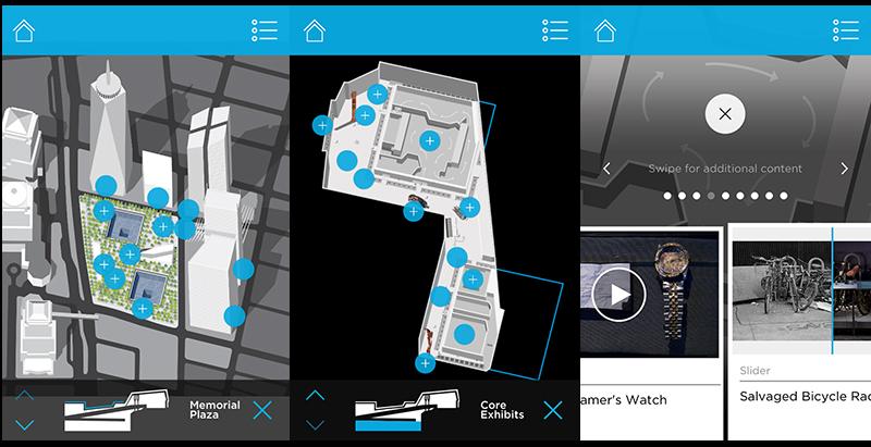A screenshot of the Explore 9/11 phone app shows three-dimensional maps of the Memorial and Museum, as well as information about artifacts on view, including a watch and bicycle rack. 
