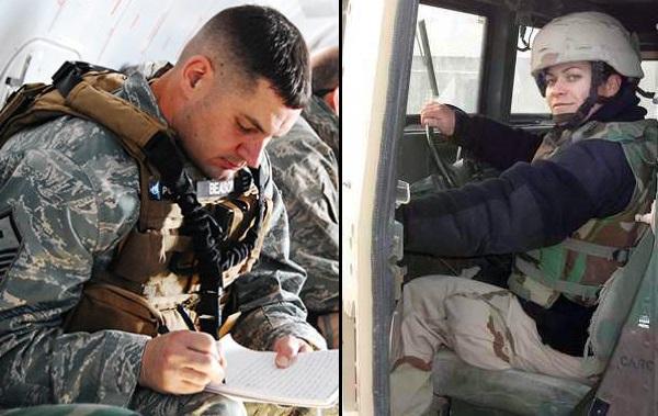 Separate photos show Master Sergeant Bubba Beason and Kathleen Santora on active duty in the Middle East. Beason is writing in a notebook and Santora is behind the wheel of a military vehicle.