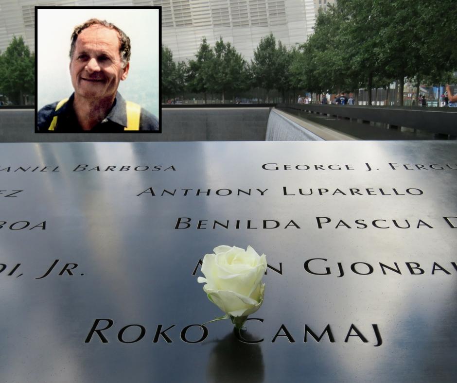 A white rose has been placed at the name of Roko Camaj at the 9/11 Memorial. An inset image of Camaj is at the top left of the image.