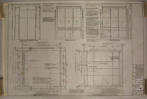 National Elevator Cab and Door Corporation’s drawing no. RR-3985 showing elevator side elevations, floor plan, and ceiling plan. Hand-drawn by engineer Mike Modinia, March 11, 1993.