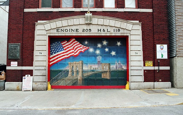 Digital photograph taken by Robert Carley in Brooklyn Heights, New York, 2005, depicting the Engine 205/Ladder 118 firehouse door.
