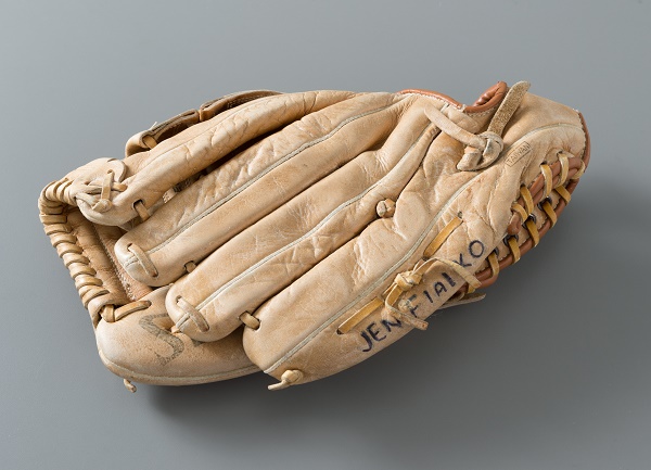 Brown leather Spalding brand softball glove belonging to Jennifer Louise Fialko. Photo by Michael Hnatov.