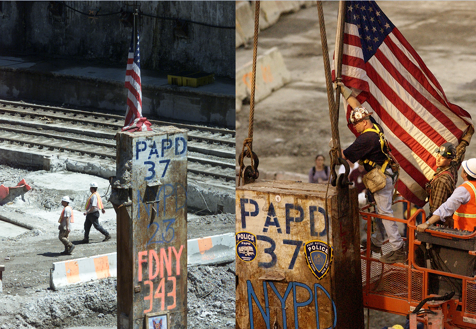 Left: Last Column, May 10, 2002. Photograph by Peter Morgan, Reuters. Right: PAPD Detective Thomas McHale removes an American flag from the Last Column, May 28, 2002. Photograph by Kathy Willens, AP Photo.