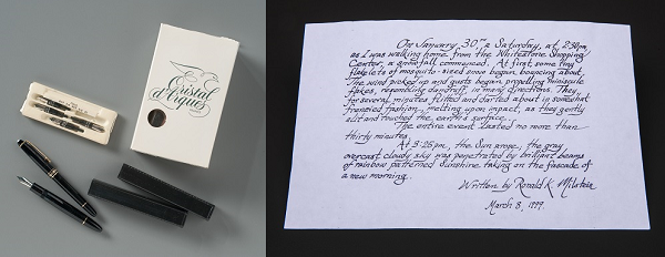 Calligraphy pen set and poem handwritten by Ronald Keith Milstein (Administrative Contractor, Fiduciary Trust, South Tower, 97th floor). Collection 9/11 Memorial Museum, Gift of Barbara Milstein and Laurence Milstein.