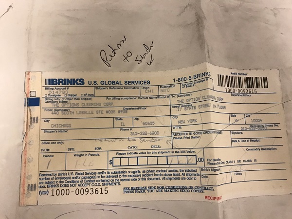 Shipping label for Brink’s U.S Global Services envelope. Incoming gift of Joseph Pellegrini.