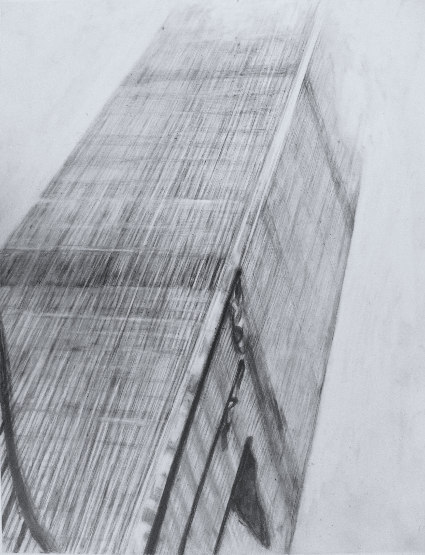 Drawing from the bottom looking up at one of the twin towers with flags in front
