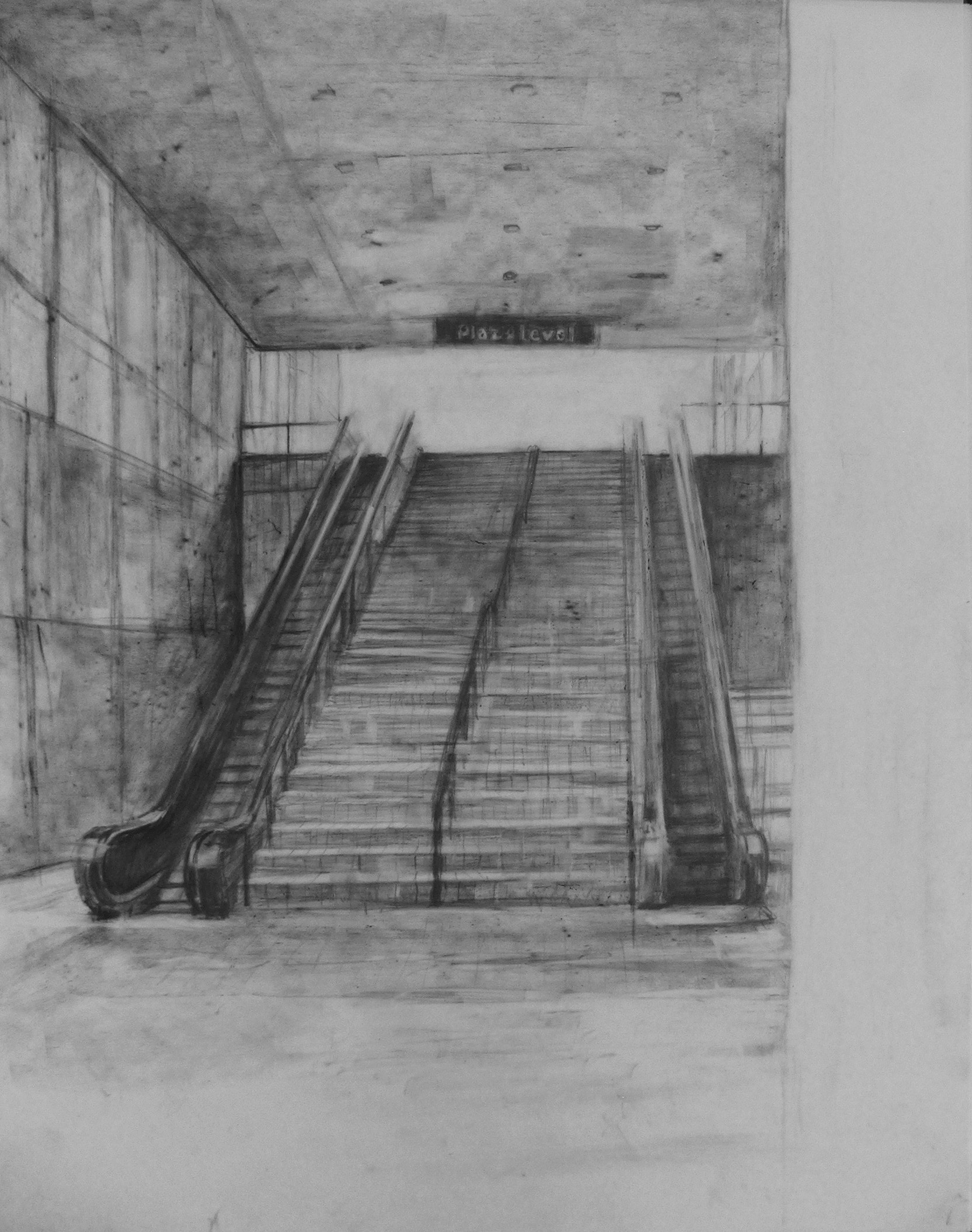A drawing of steps with an escalator on each side leading to the Plaza Level