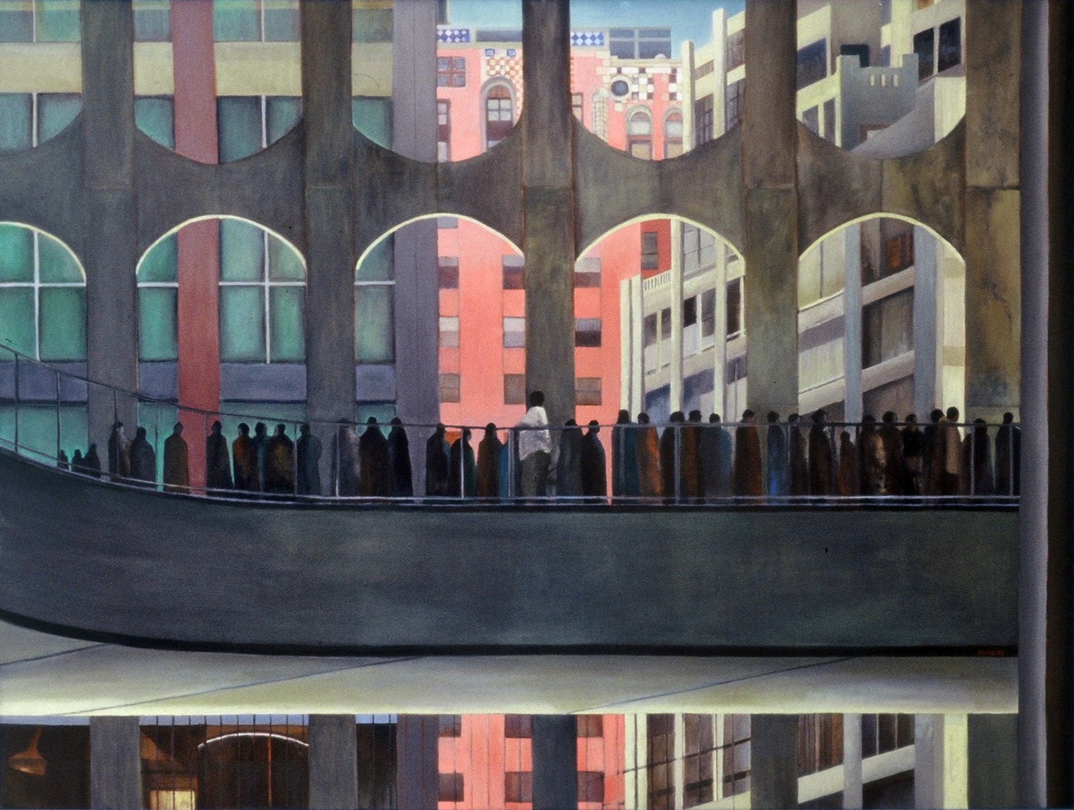 people lining up in cue for the elevator to observation deck (1996)