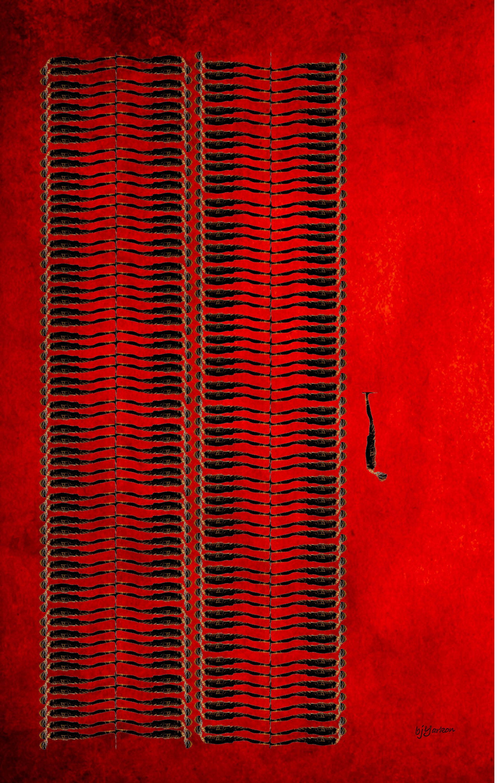 Image composed two vertical columns of stacked horizontal figures, left; and one inverted vertical "falling" figure to the right; deep red and black background.