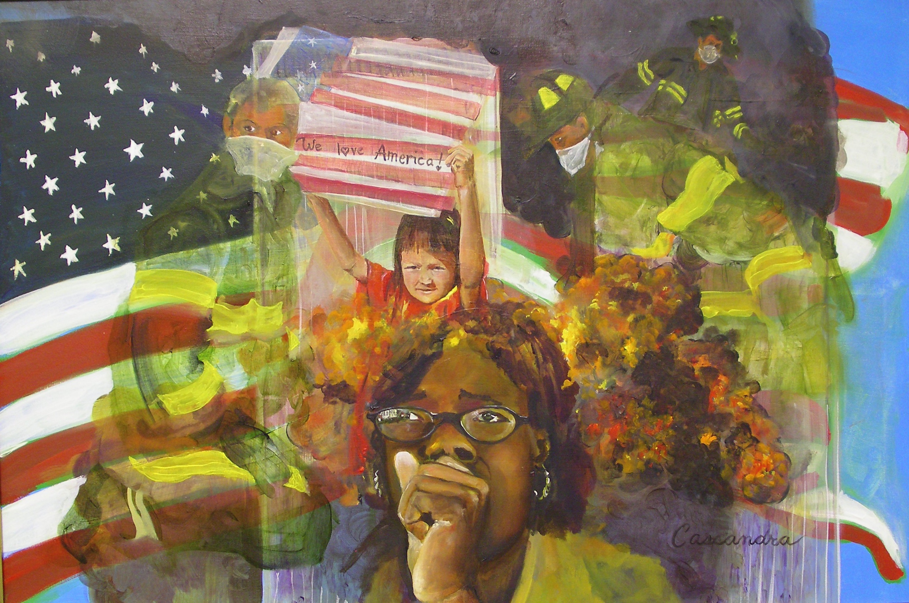 American flag, Twin Towers, fire, firefighters, child, woman grieving, 