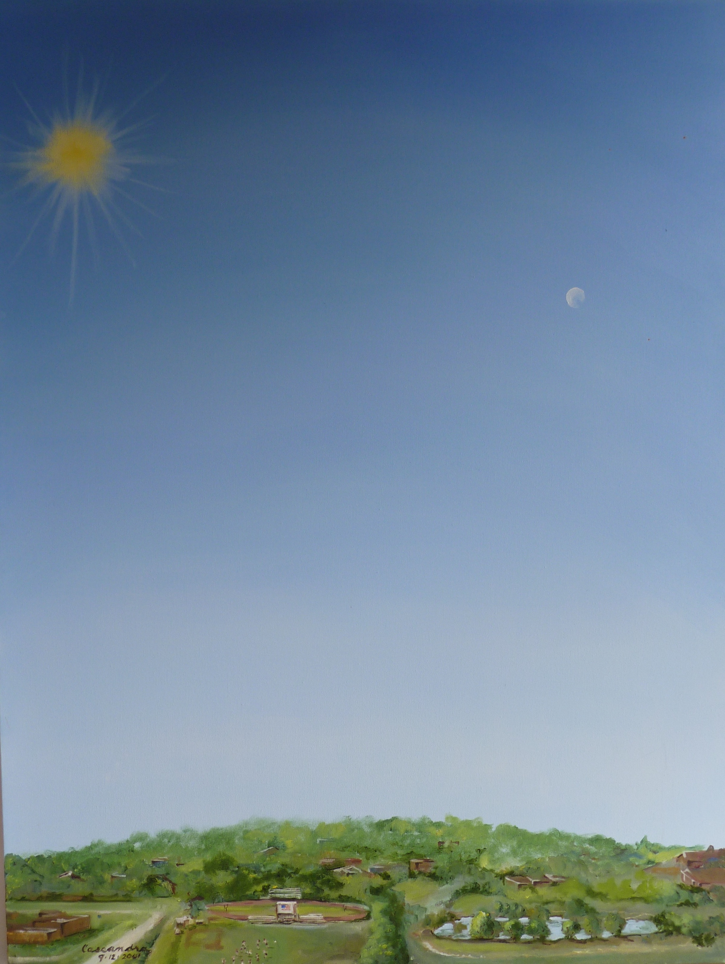 blue sky, sun and moon, park, united states flag, trees, school, football field