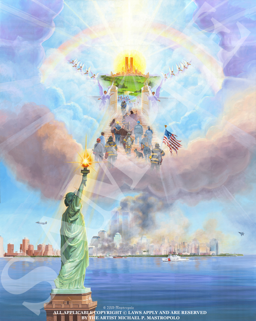 9/11 Painting: This image is a tribute to our heroes, entitled "In Remembrance" depicting the horror, honor and hope that surrounds the tragic, historic, 9/11/01 attack on our freedom! The strong sense of hope and peace, exemplifying the integrity, honor and courage of America's heroes will never be forgotten.