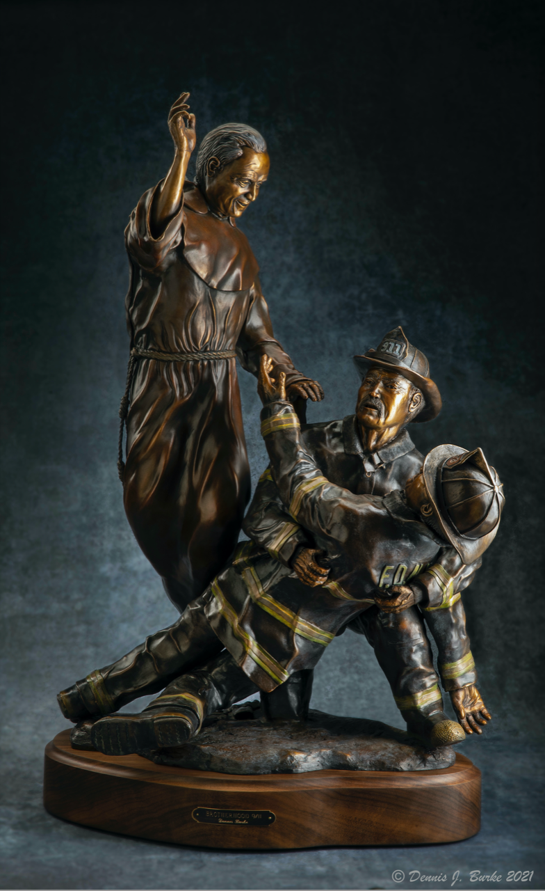 Bronze Sculpture depicting FDNY Chaplain Fr. Mychal Judge with 2 Firemen by a retired  member of the FDNY