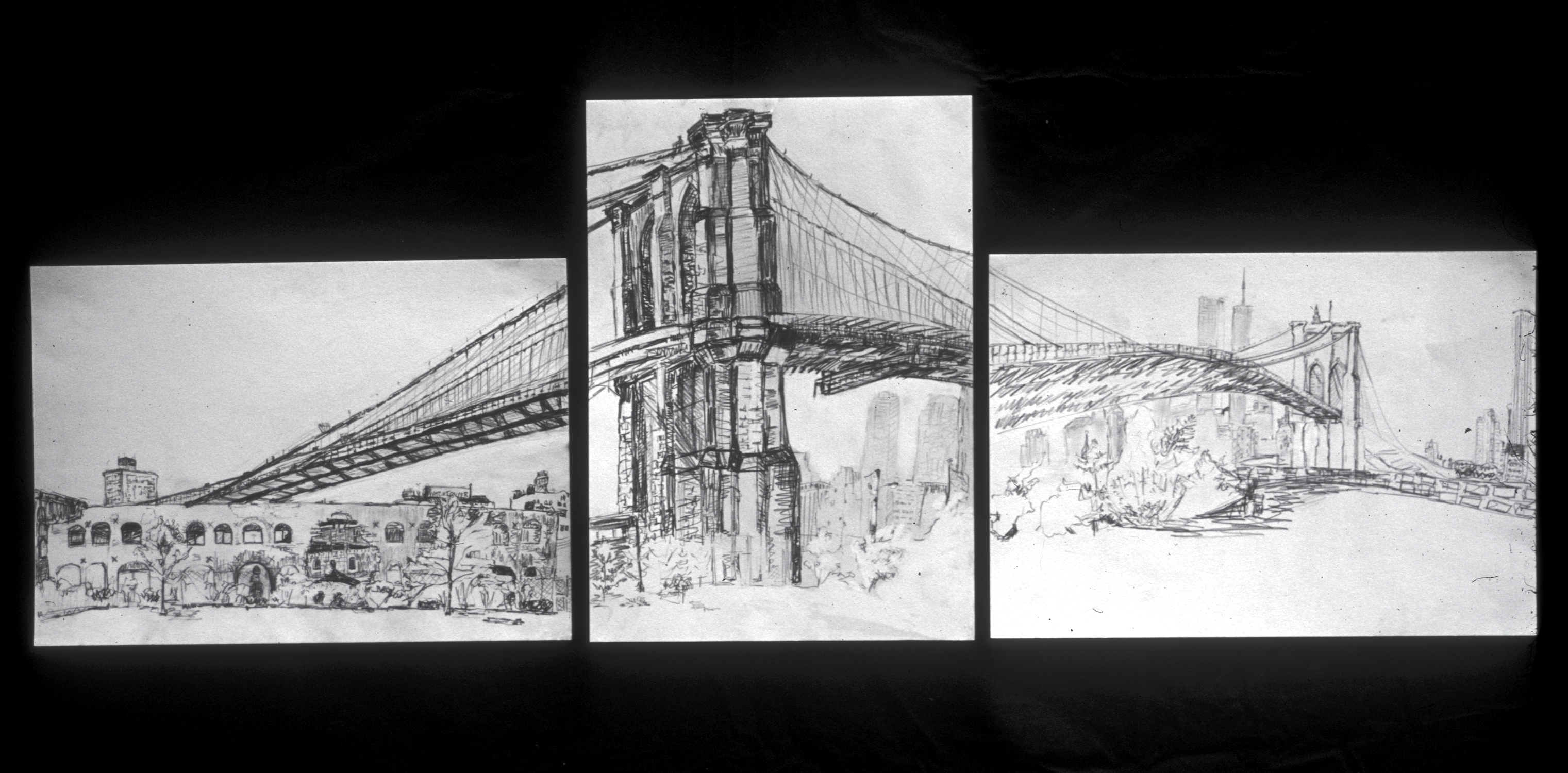 Drawing triptych of Brooklyn Bridge with Twin Towers (April 2001) by Christy Symington