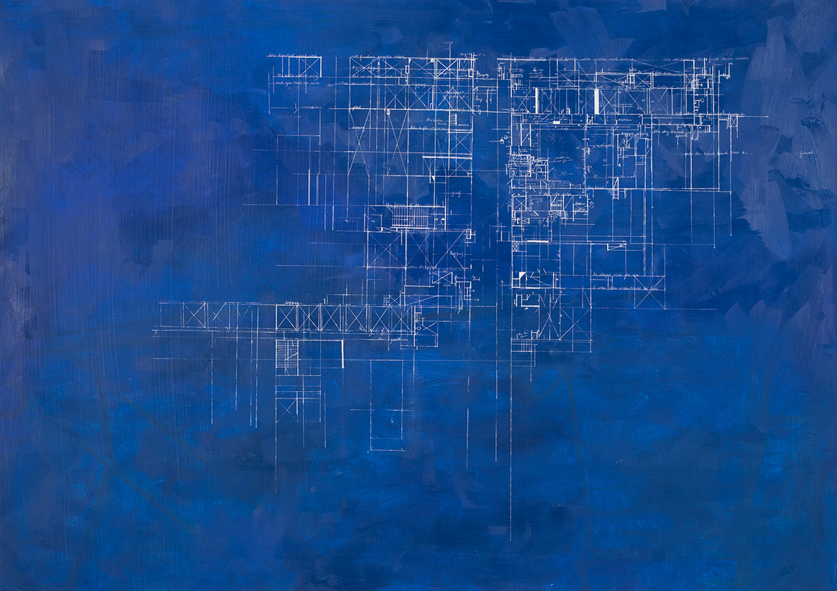 Blueprint painting and drawing with phrases hidden as annotations 