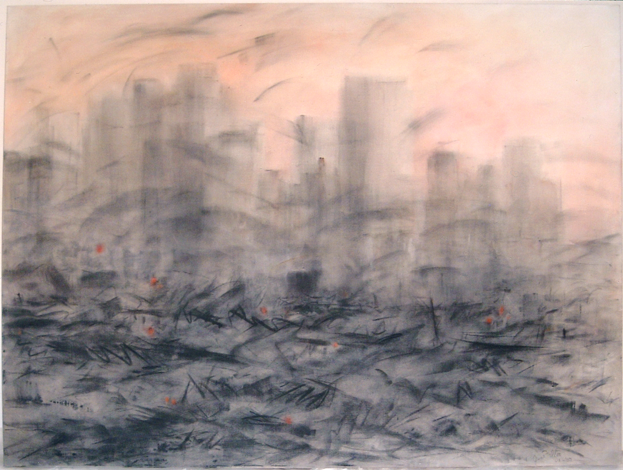 Sketchy painting of gray buildings and devastated World Trade area with and sunset sky, and little orange red dots that represent the helpers in their orange vests, so tiny in the huge scene.