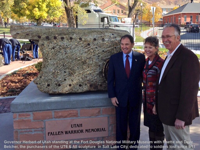 Governor Herbert with Raette and Dave Belcher standing next to the 9/11 memorial dedication ceremony at Fort Douglas national Military Museum in Salt Lake City