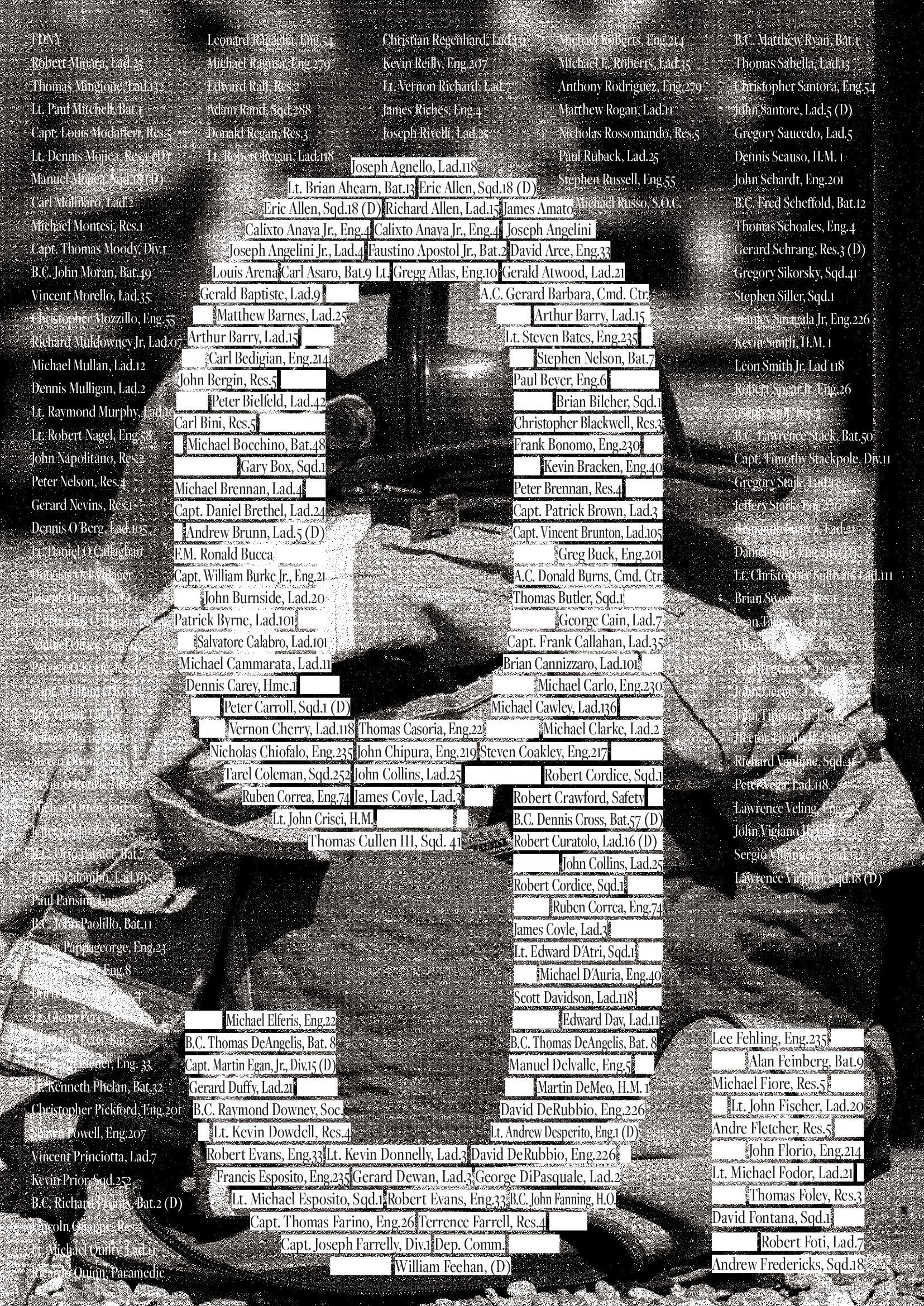 Black-and-white memorial poster showing first responders at Ground Zero, with the names of fallen 9/11 first responders arranged to form a large number “9.”