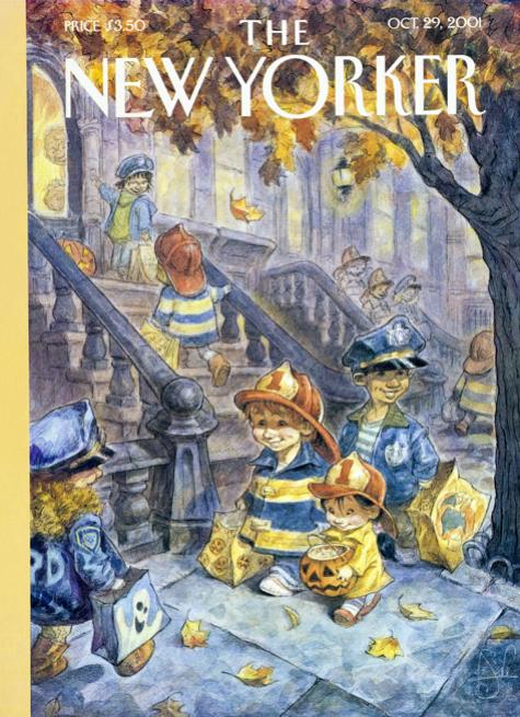 A cover of The New Yorker from October 29, 2001 shows children trick or treating as police officers and firefighters at a brownstone.