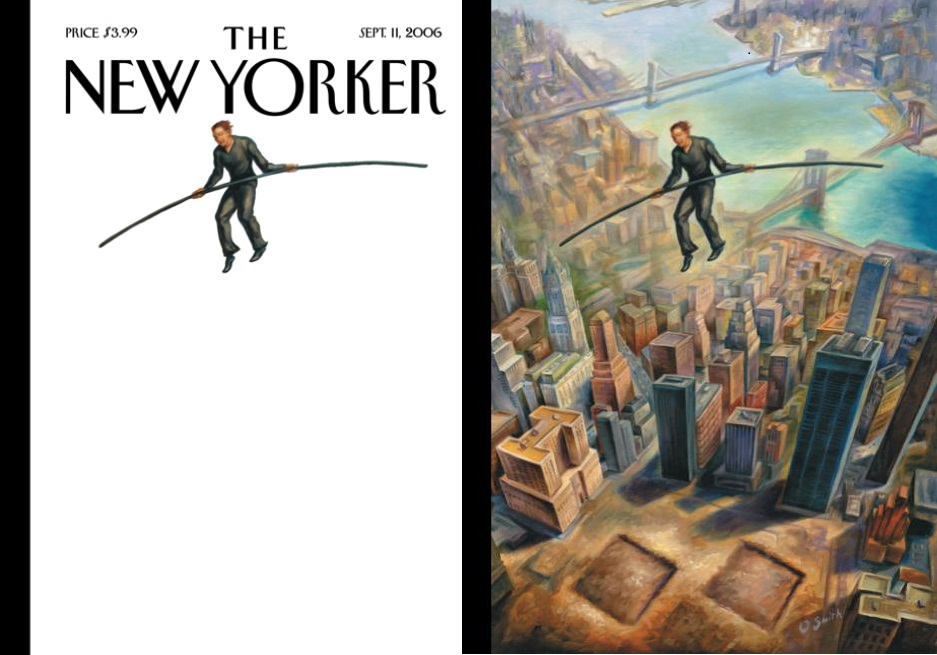 A cover of The New Yorker pays tribute to Philippe Petit’s high-wire walk. The cover illustration shows Petit balancing on a white background. The back cover illustration shows him above two square footprints in lower Manhattan where the Twin Towers used to be.