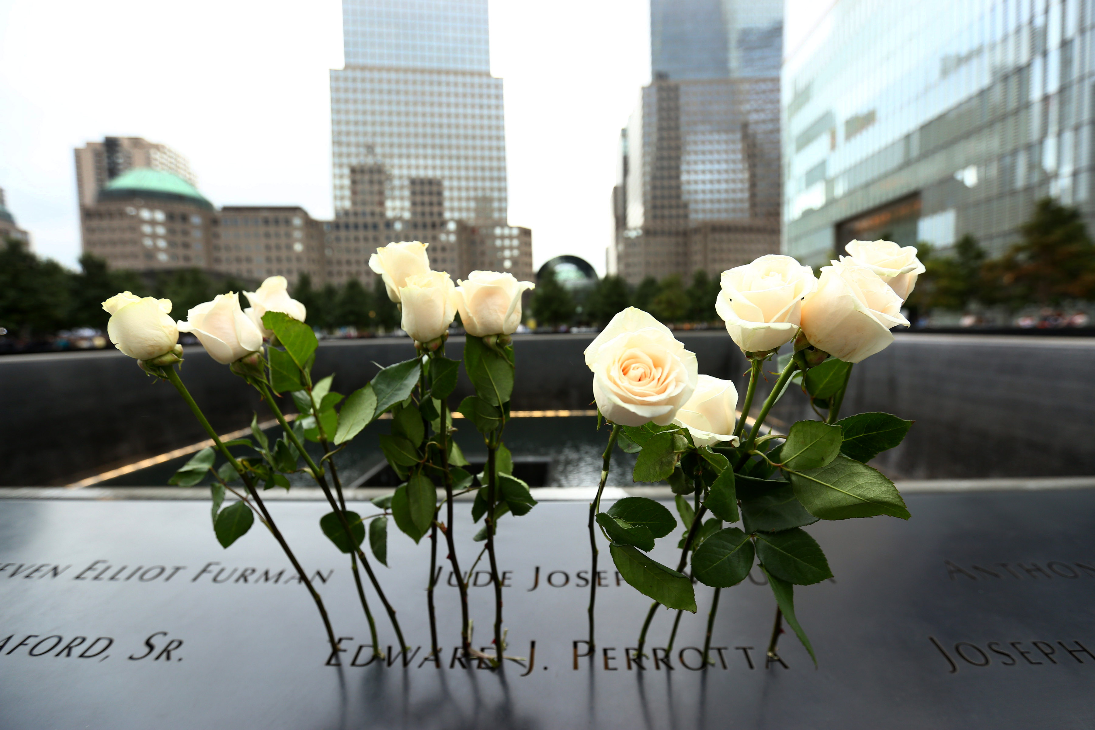 White roses stand at a name on the 9/11 Memorial. The north pool is seen in the background.