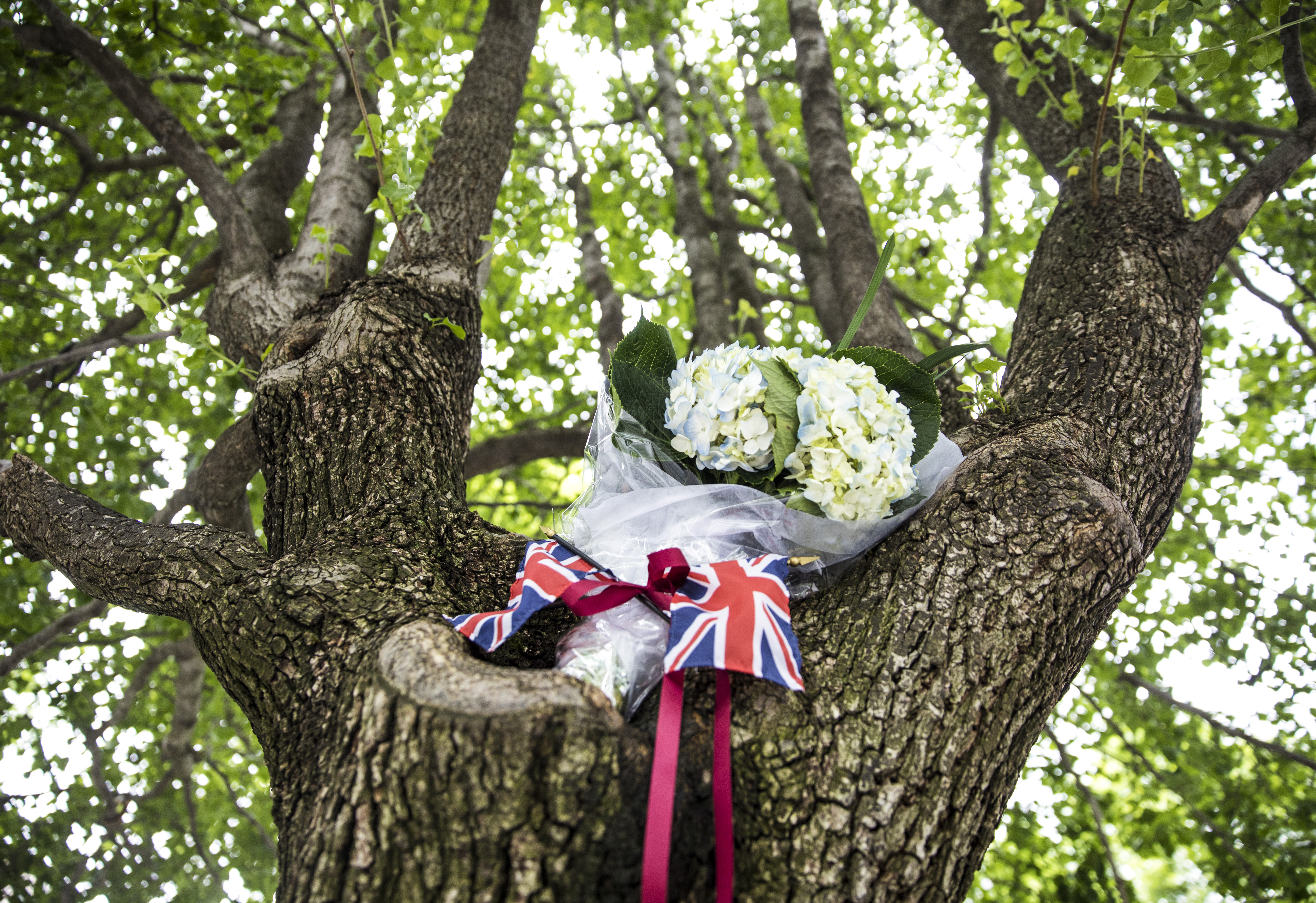 A tribute made up of flowers and British flags have been placed at the Survivor Tree following terrorist attacks in the United Kingdom.