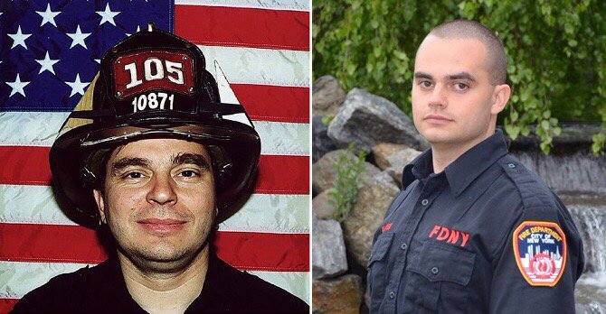 A split image shows firefighter Frank Palombo, who died on 9/11, and his son Thomas Palombo, who is also an FDNY firefighter.