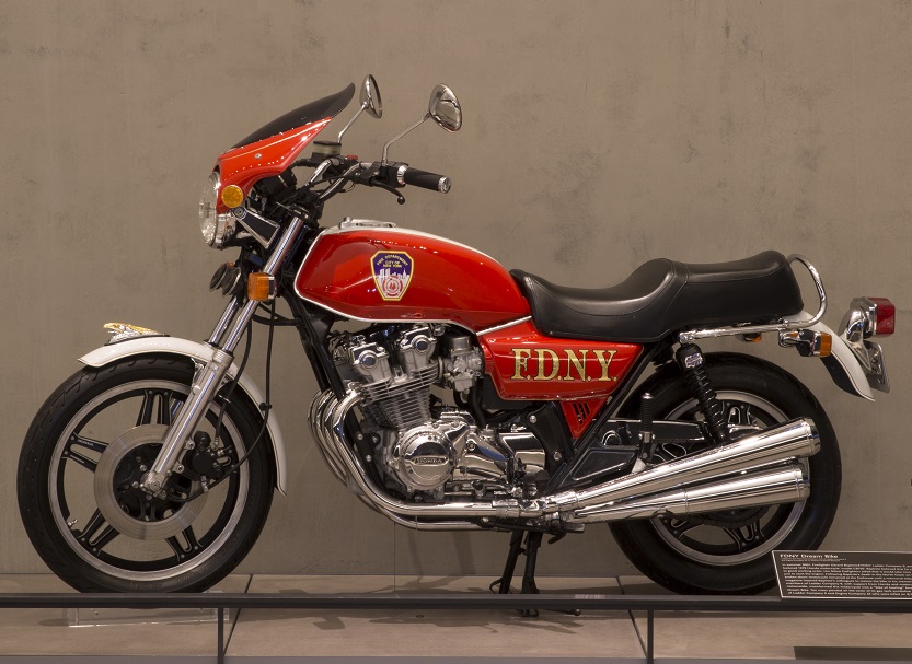 FDNY firefighter Gerard Baptiste’s “dream bike” is seen on display at the 9/11 Memorial Museum. The motorcycle is red with the FDNY logo on it.