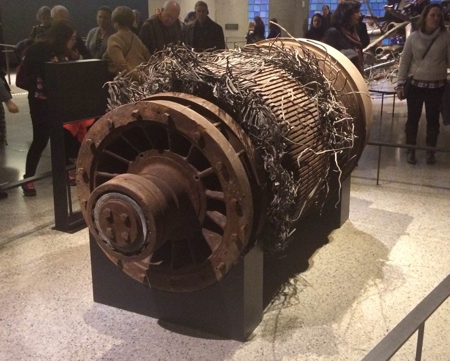 An elevator motor recovered from the wreckage of the World Trade Center is displayed at the Museum.
