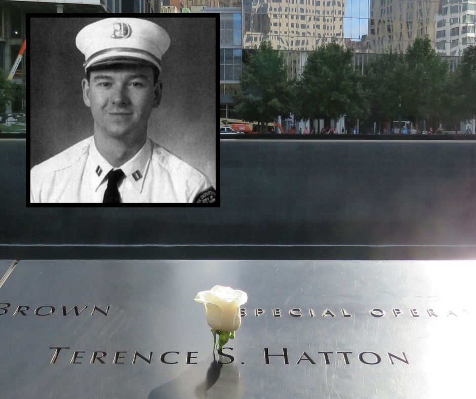 A white rose sits at the name of Captain Terence Hatton on the 9/11 Memorial. An inset black-and-white photo shows Hatton in an FDNY uniform.