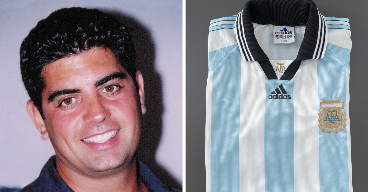 FDNY firefighter Sergio Villanueva smiles in an old photo. A separate image shows a soccer jersey owned by Villanueva on display on a gray surface at the Museum.