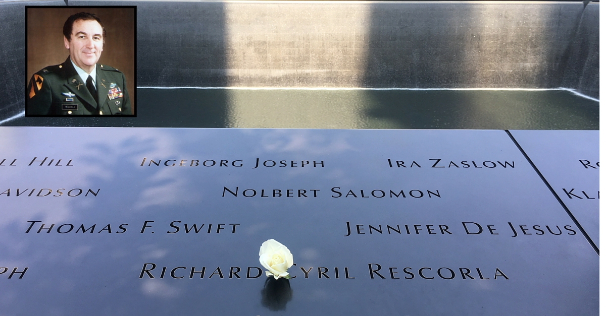 The name of Richard Cyril Rescorla, Morgan Stanley’s vice president of security, is seen on the 9/11 Memorial. A white rose has been placed at the name to mark his birthday. An inset image of Rescorla is seen at the top left.