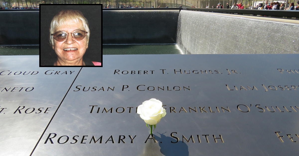 A white rose has been placed at the name of Rosemary Smith on the 9/11 Memorial. An inset image features an old photo of Smith smiling. 