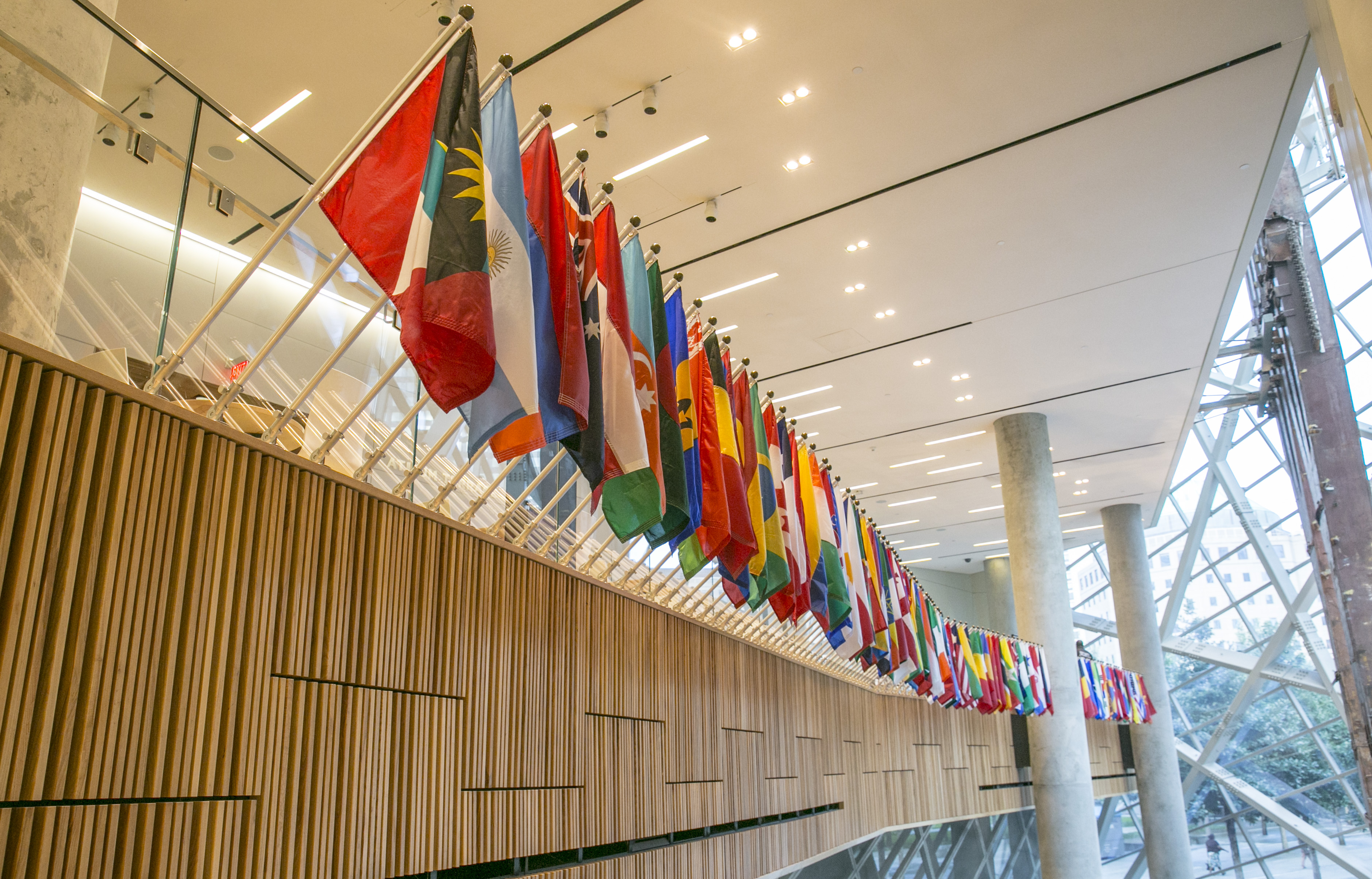 Ninety-nine international flags fly at the 9/11 Memorial Museum pavilion in commemoration of the victims of 9/11.