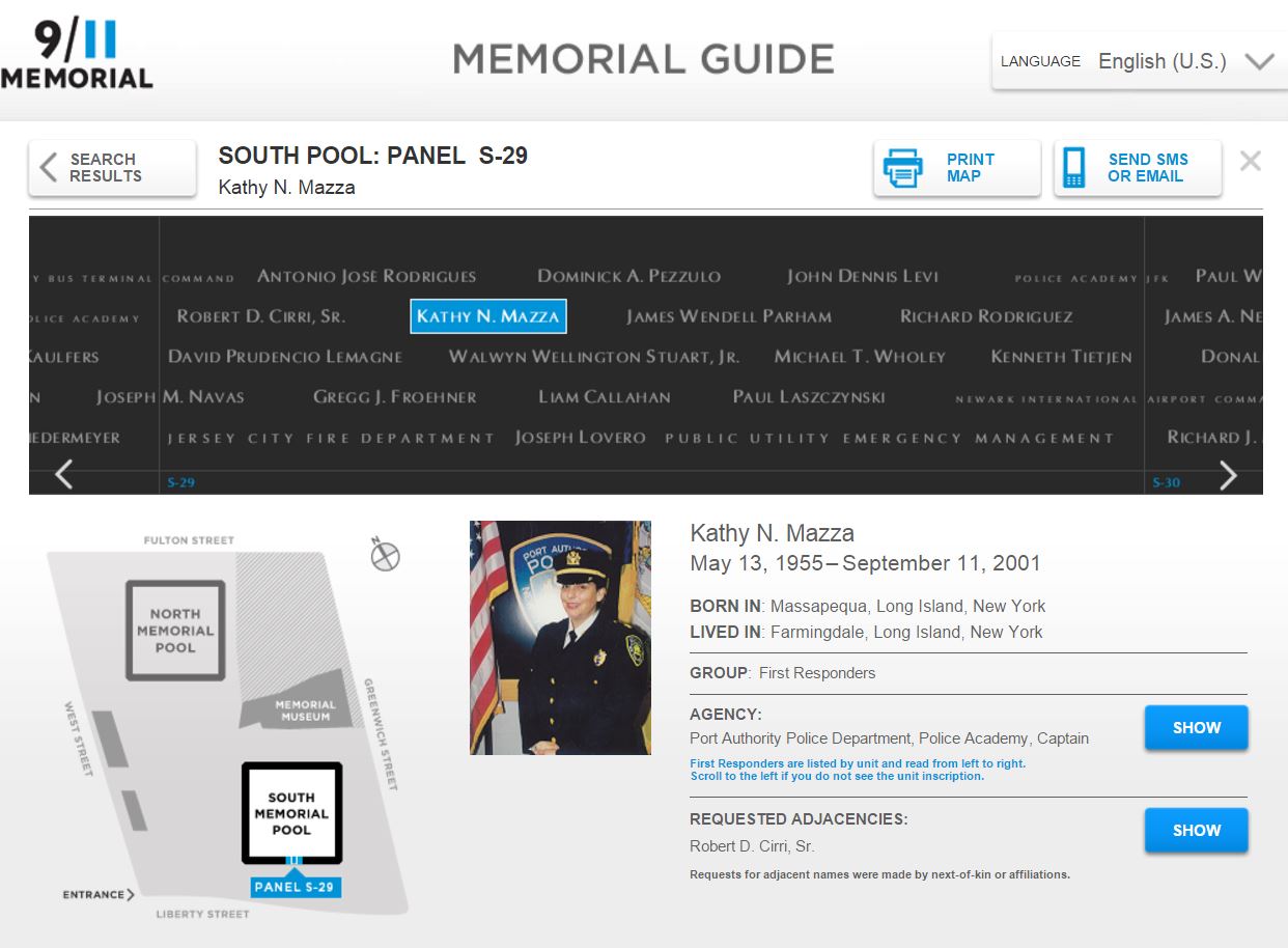A screenshot of the Memorial Guide shows information on Port Authority Police Captain Kathy Mazza.