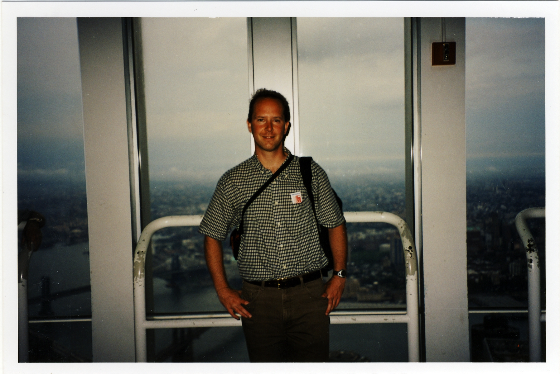 Evan Kuz poses for a photo at the South Tower observation deck on September 10, 2001.