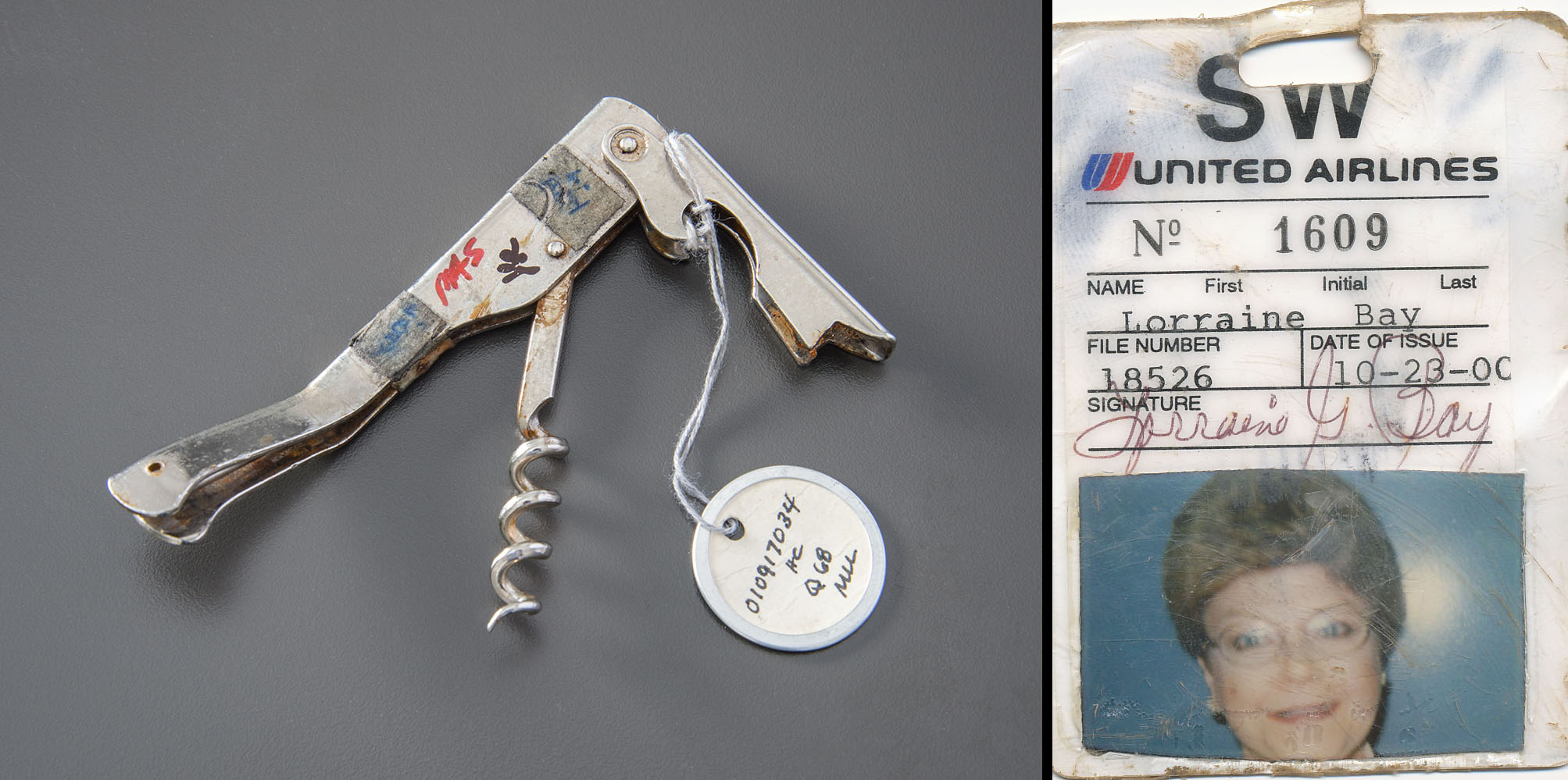 A corkscrew belonging to flight attendant Lorraine Bay with an FBI identification tag attached to it is displayed on a gray surface at the Museum. An image to the left shows Bay’s recovered United Airlines ID badge.
