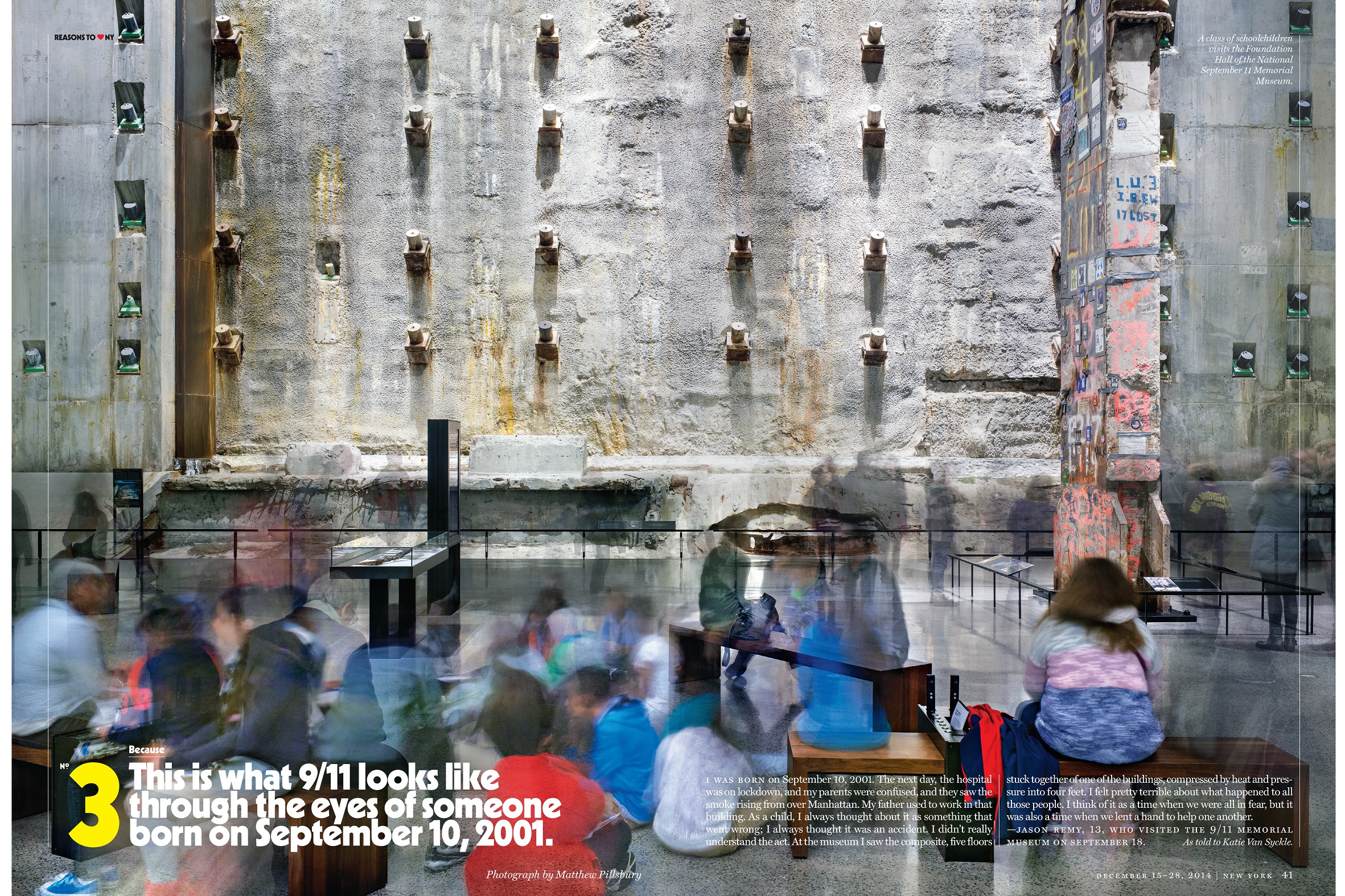 A page from New York Magazine features an image of visitors in Foundation Hall at the Museum. A headline reads, “This is what 9/11 looks like through the eyes of someone born on September 10, 2001.”