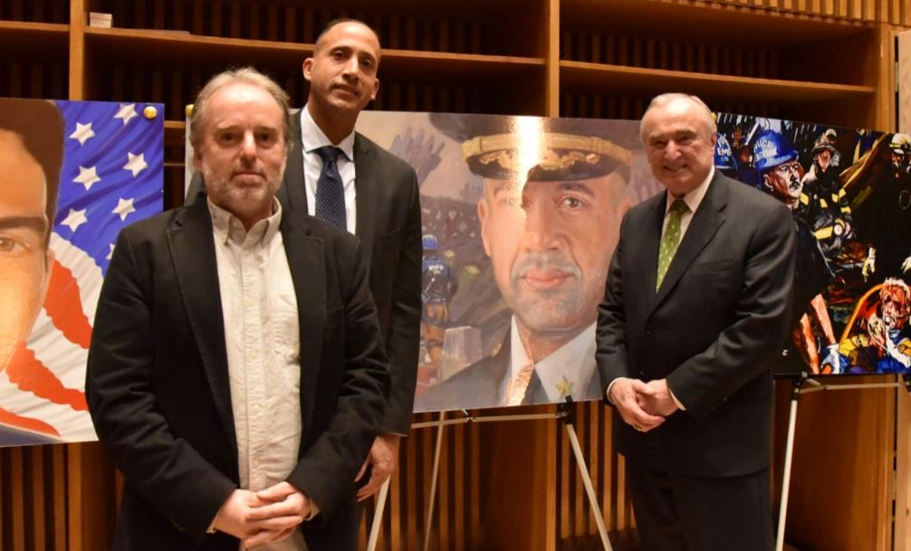 Stephen Gardner, Anthony Bonano and former NYPD Commissioner William Bratton stand next to a painting of NYPD Deputy Chief Steve Bonano.