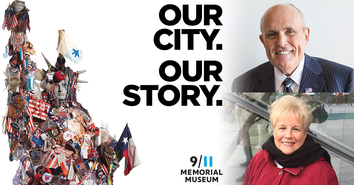 Former Mayor Rudy Giuliani and 9/11 survivor Marilyn Goldberg smile in separate photos. Their images are flanked by a graphic reading “Our City, Our Story” and an image of the Lady Liberty memorial, a fiberglass Statue of Liberty covered in flags, patches and other memorial items.