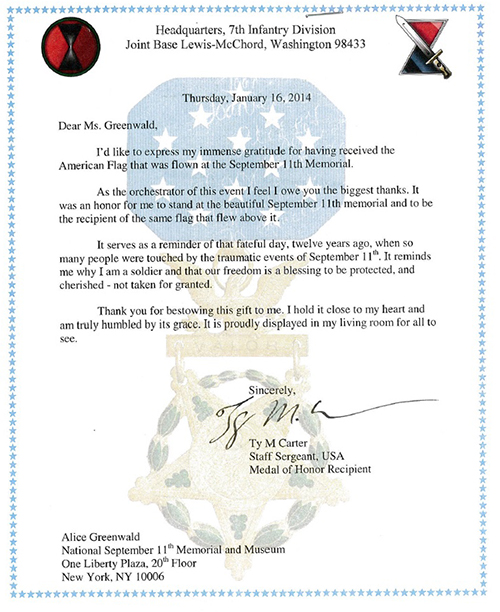 A scanned image shows the thank you letter written by Army Staff Sgt. Ty Carter. It is dated January 16, 2014.