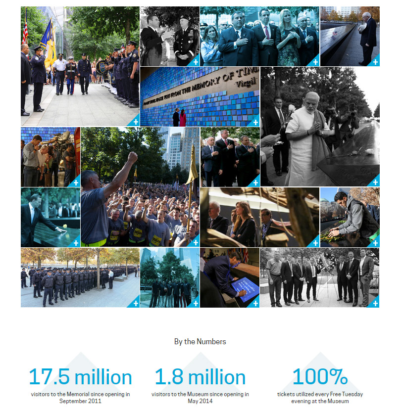 A collage of images shows events from the past several years at the 9/11 Memorial & Museum. The images include visits from elected leaders and commemoratory events.