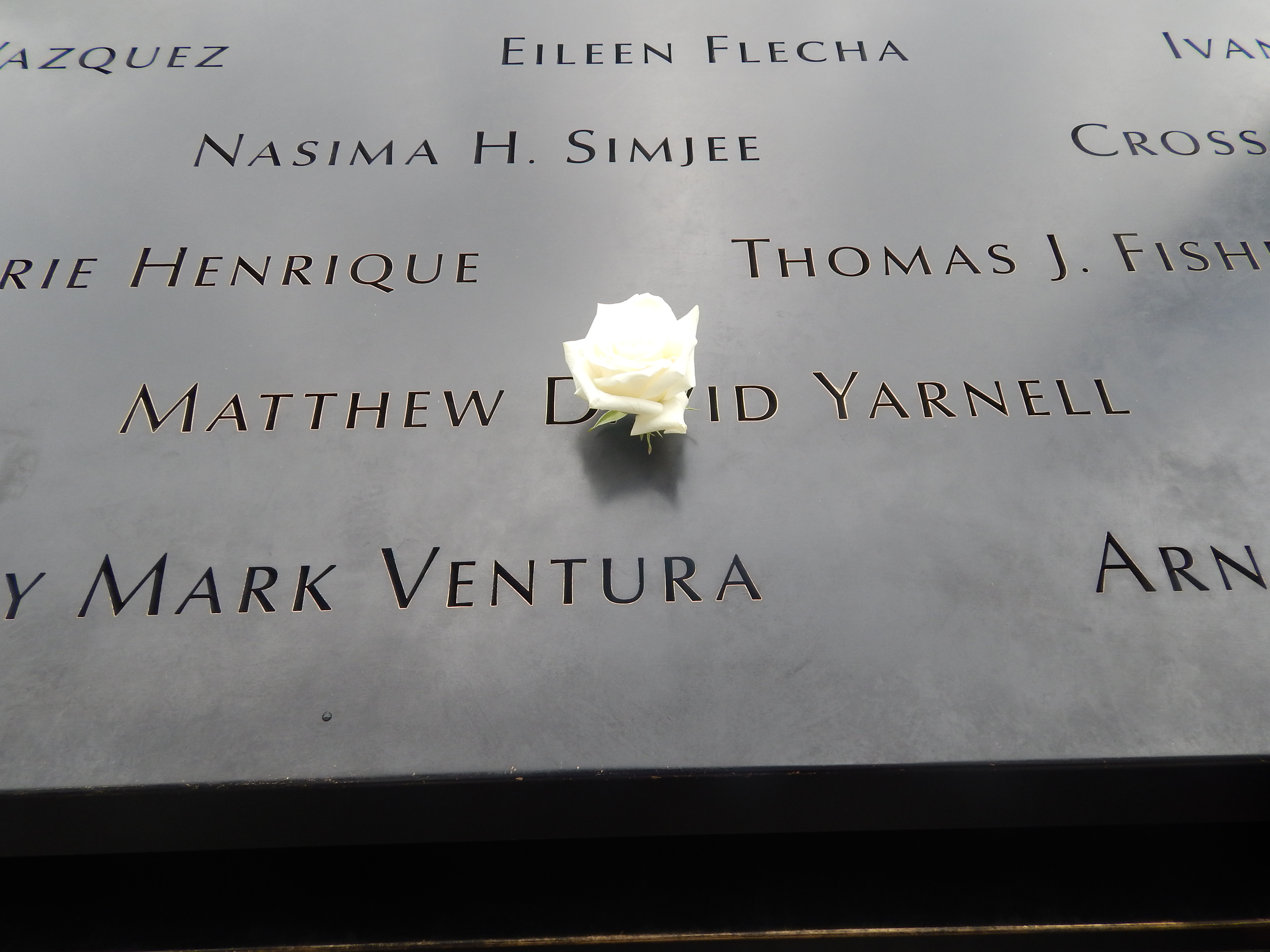 A white rose has been placed at the name of Matthew Yarnell.