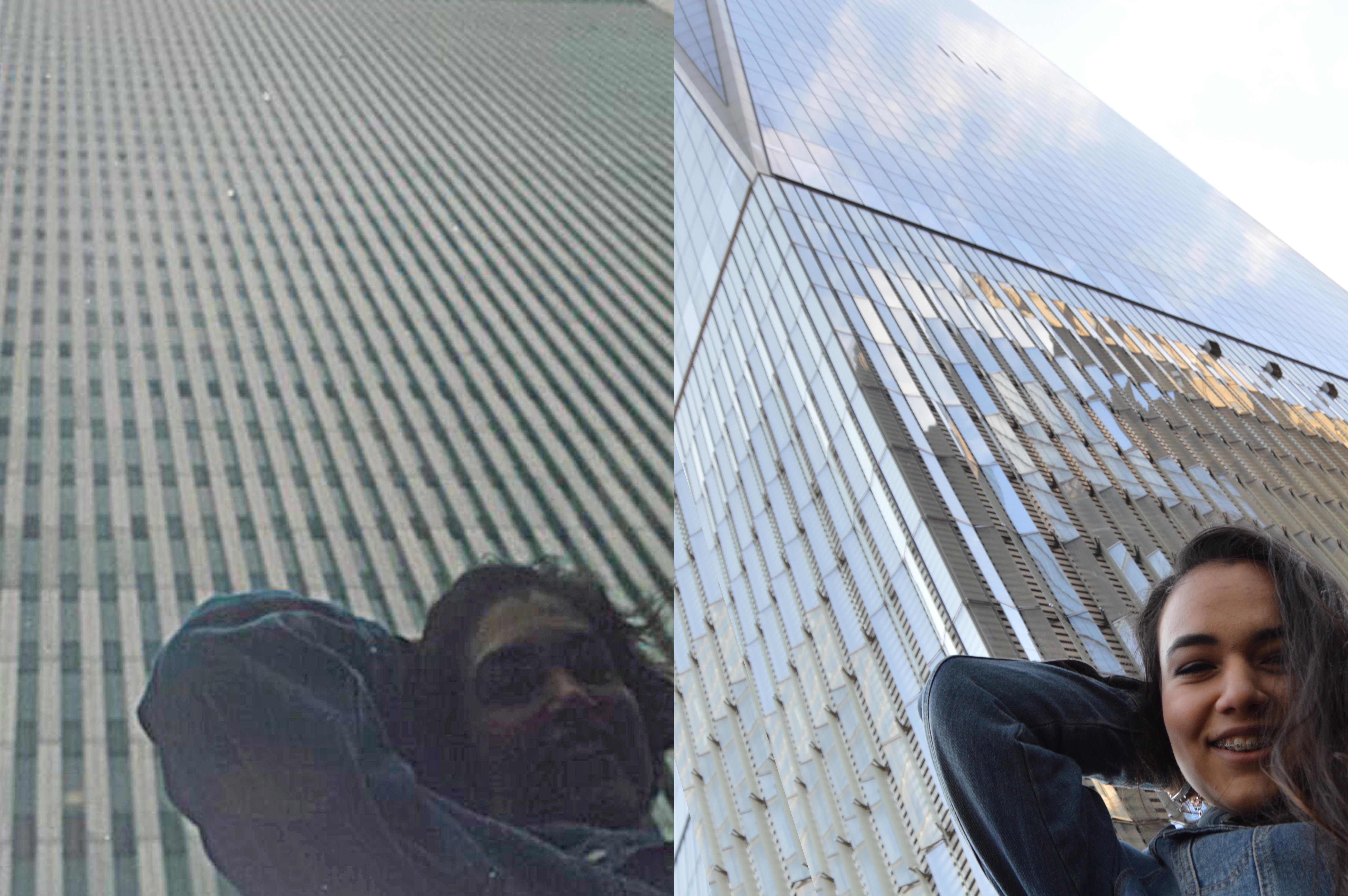 These two photos show Marcela Segovia and her mother posing for the same photo at the World Trade Center decades apart. Segovia is standing in front of One World Trade Center in 2015 and her mother is standing in front of the Twin Towers in 1993.