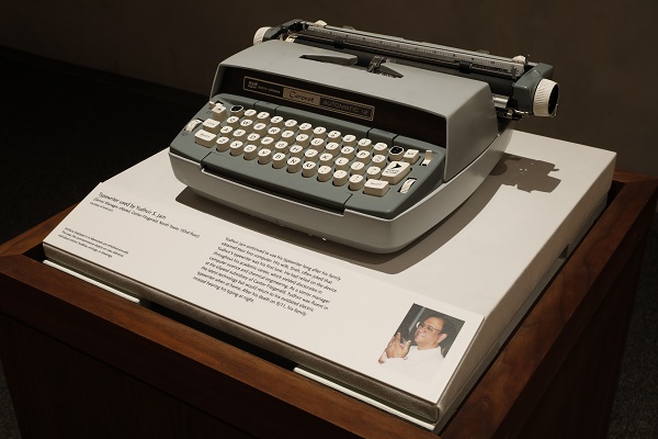 The gray and white typewriter belonging to Yudhvir S. Jain is displayed at the 9/11 Memorial Museum.