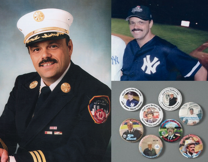 This three-part photo shows Jerry Barbara posing for a photo in his FDNY uniform. He is also seen wearing a Yankees jersey at a baseball stadium. A third photo shows commemorative buttons with his image on them.