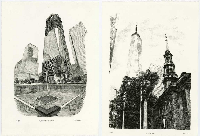 Two lithographic prints by Brenda Berkman show the construction of One World Trade Center. The first lithograph, titled “The North Memorial Void,” depicts the 9/11 Memorial and a half-constructed One World Trade Center. The second lithograph, titled “Two Spires,” show the completed tower and St. Paul's Chapel.
